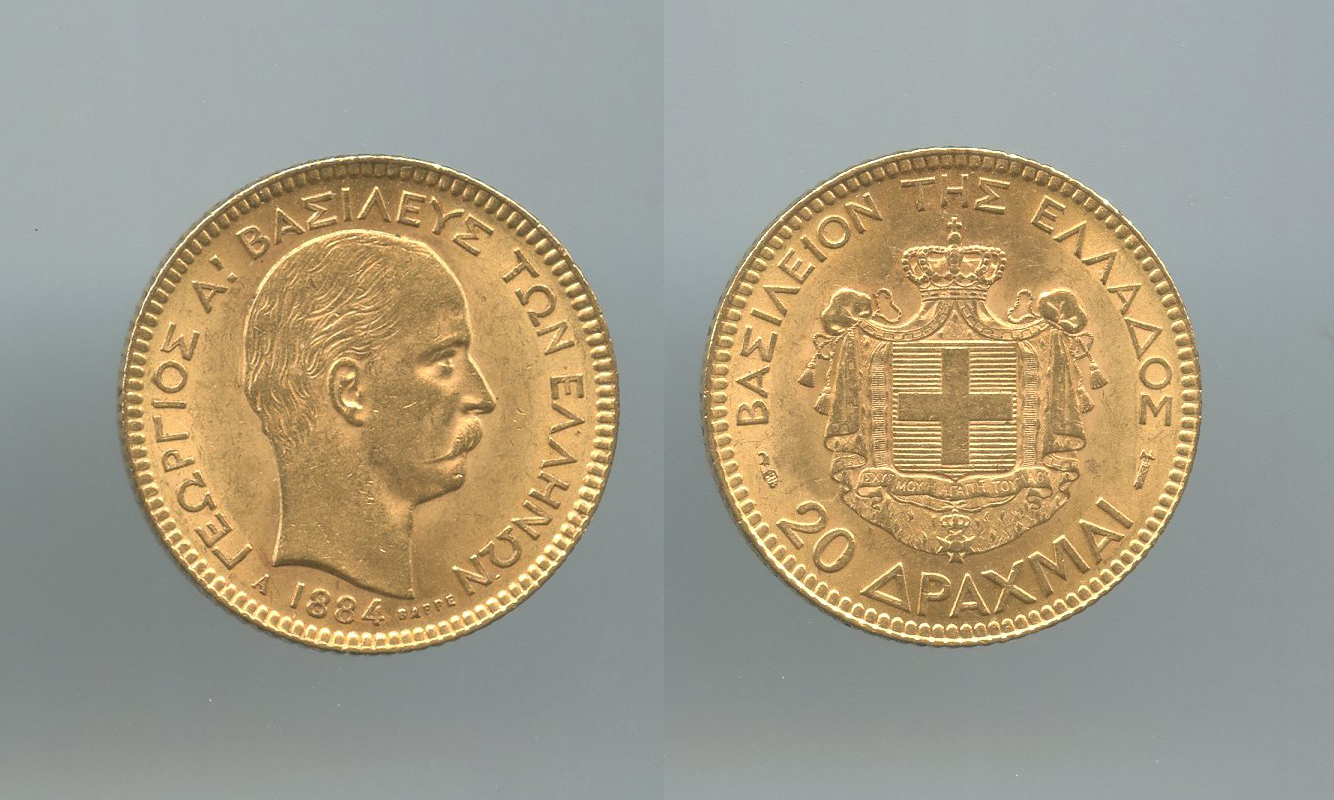 GRECIA, George I (1863-1913) 20 Drachmai 1884 A