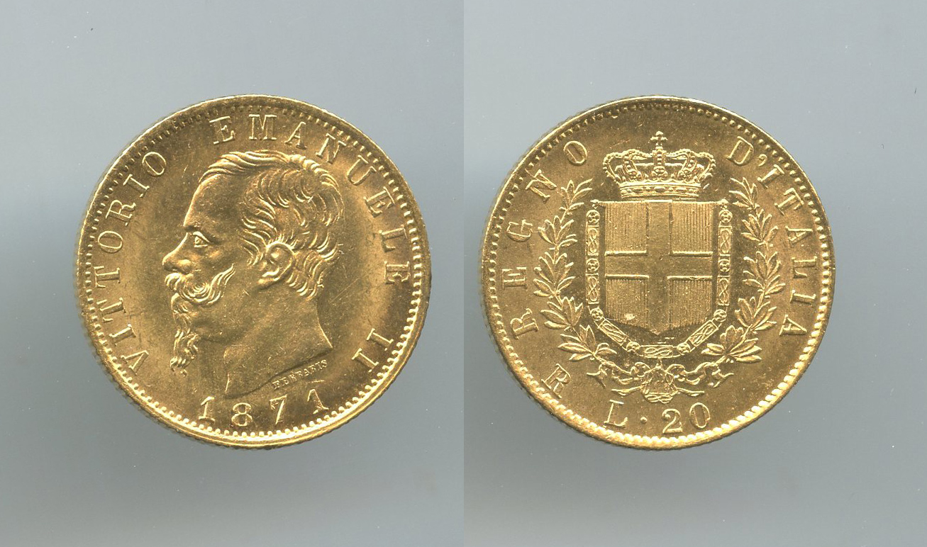 REGNO D' ITALIA, Vittorio Emanuele II (1861-1878) 20 Lire 1871 Roma