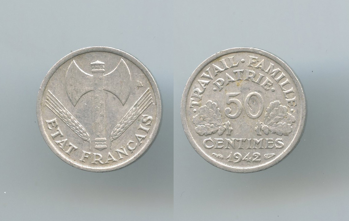 FRANCIA, Stato Francese (1940-1944) 50 Centimes 1942