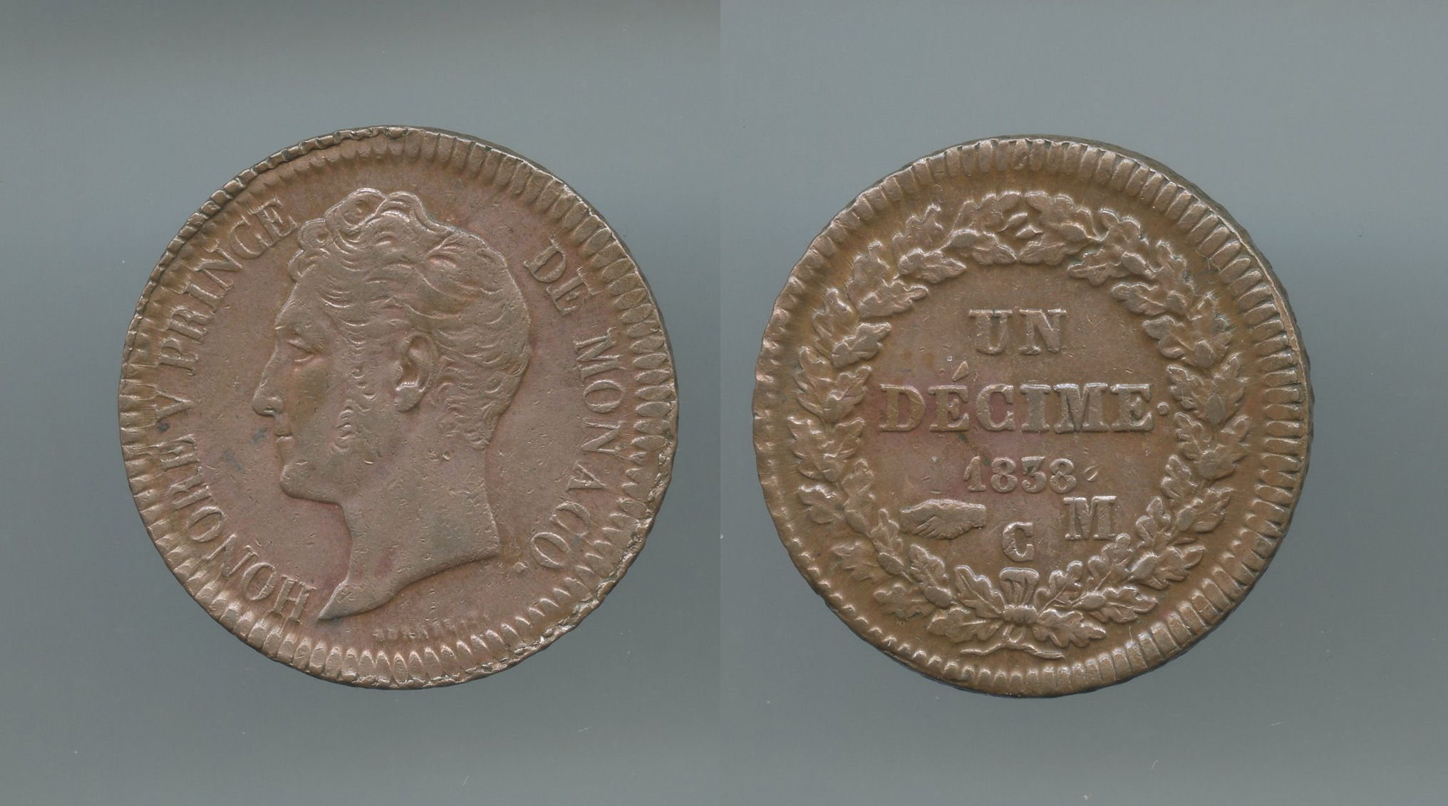 MONACO, Honore' V (1819-1841) Decime 1838