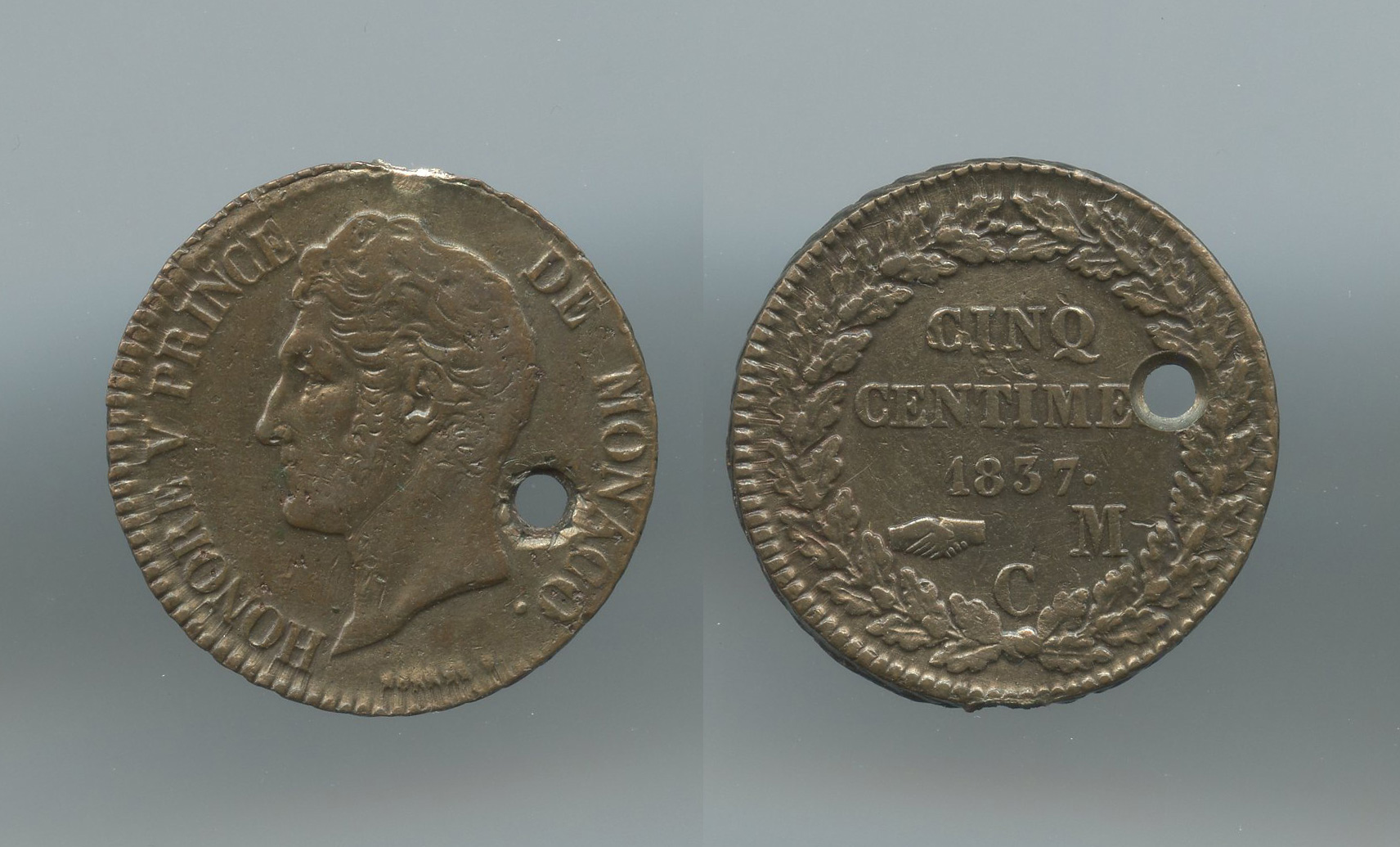 MONACO, Honore' V (1819-1841) 5 Centime 1837