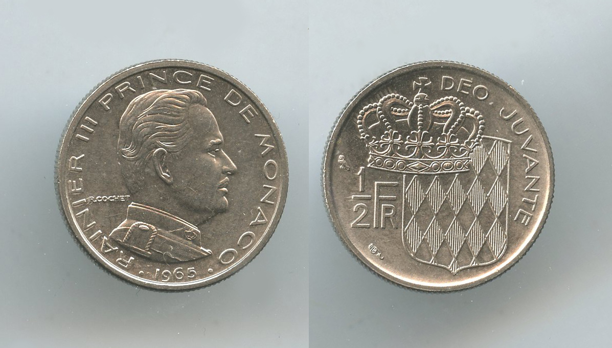 MONACO, Rainier III (1949-2005) 1/2 Franc 1965