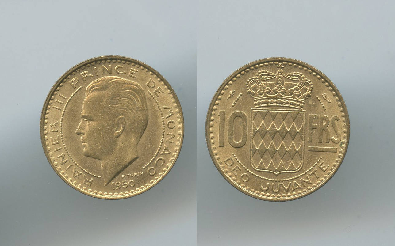 MONACO, Rainier III (1949-2005) 10 Francs 1950