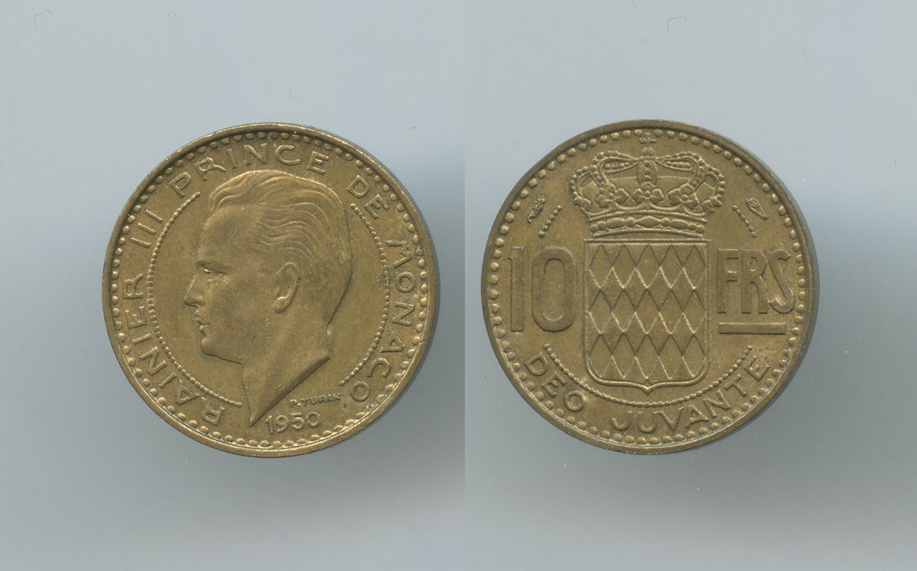 MONACO, Rainier III (1949-2005) 10 Francs 1950