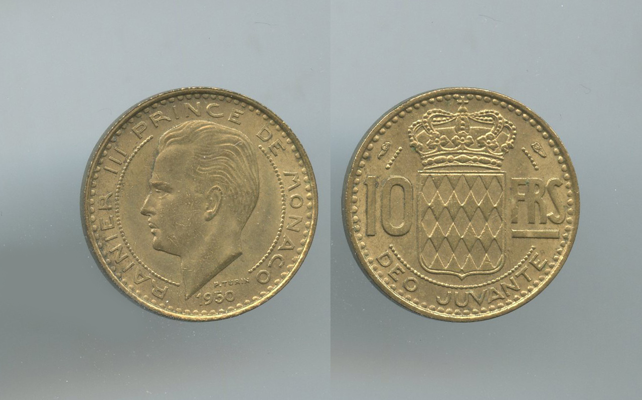 MONACO, Rainier III (1949-2005) 10 Francs 1950