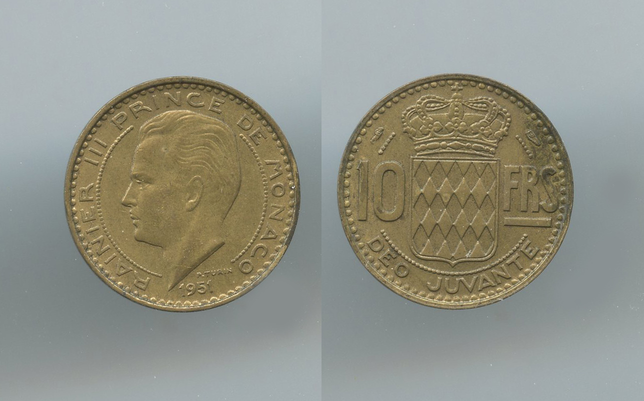 MONACO, Rainier III (1949-2005) 10 Francs 1951