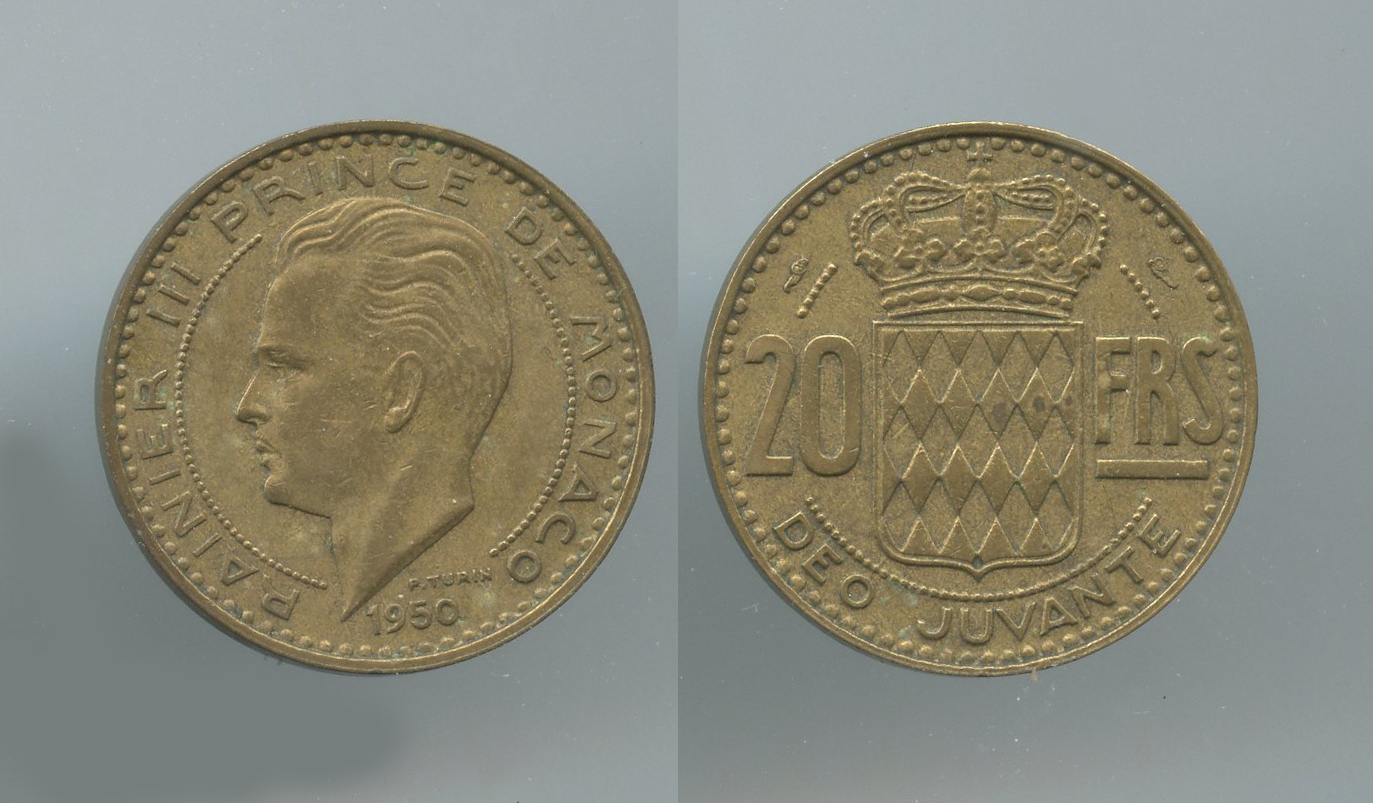 MONACO, Rainier III (1949-2005) 20 Francs 1950