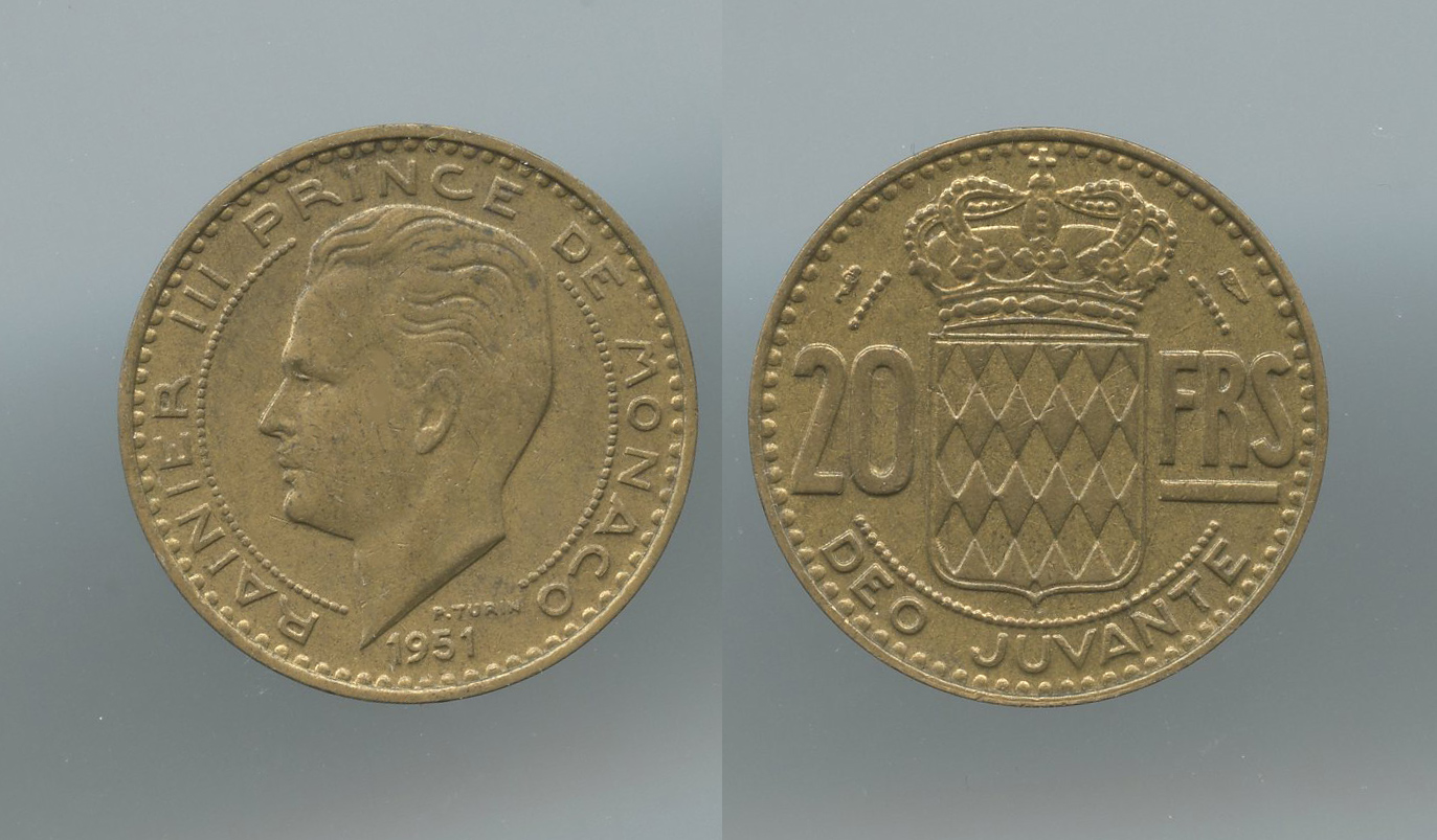 MONACO, Rainier III (1949-2005) 20 Francs 1951