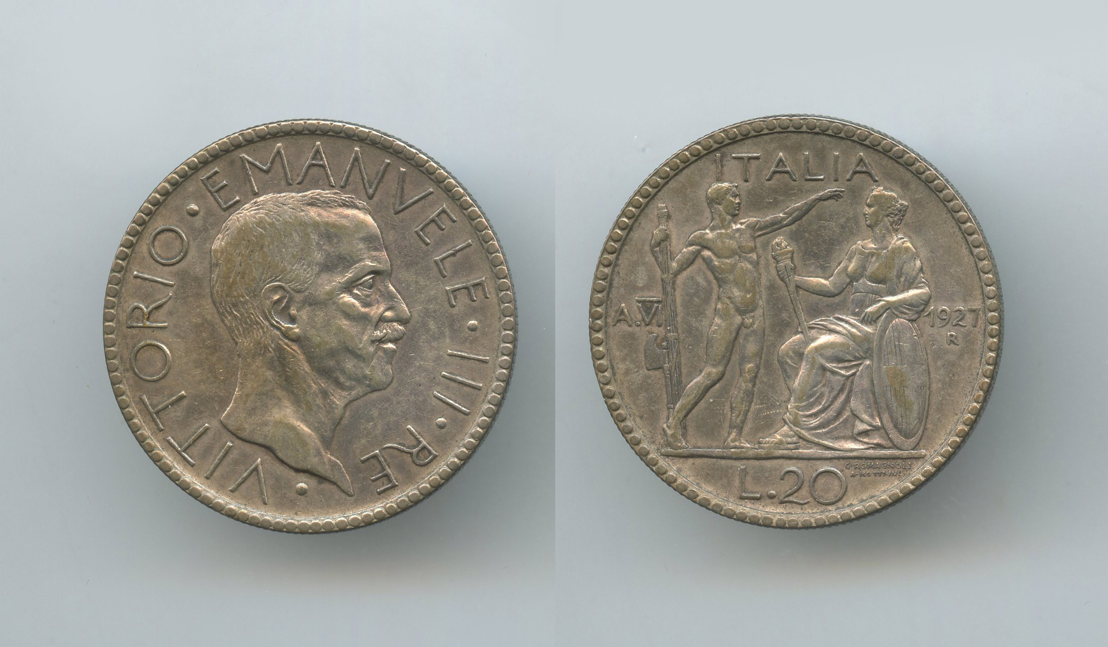 REGNO D' ITALIA, Vittorio Emanuele III (1900-1943) 20 Lire 1927 A. VI Littore - Clicca l'immagine per chiudere