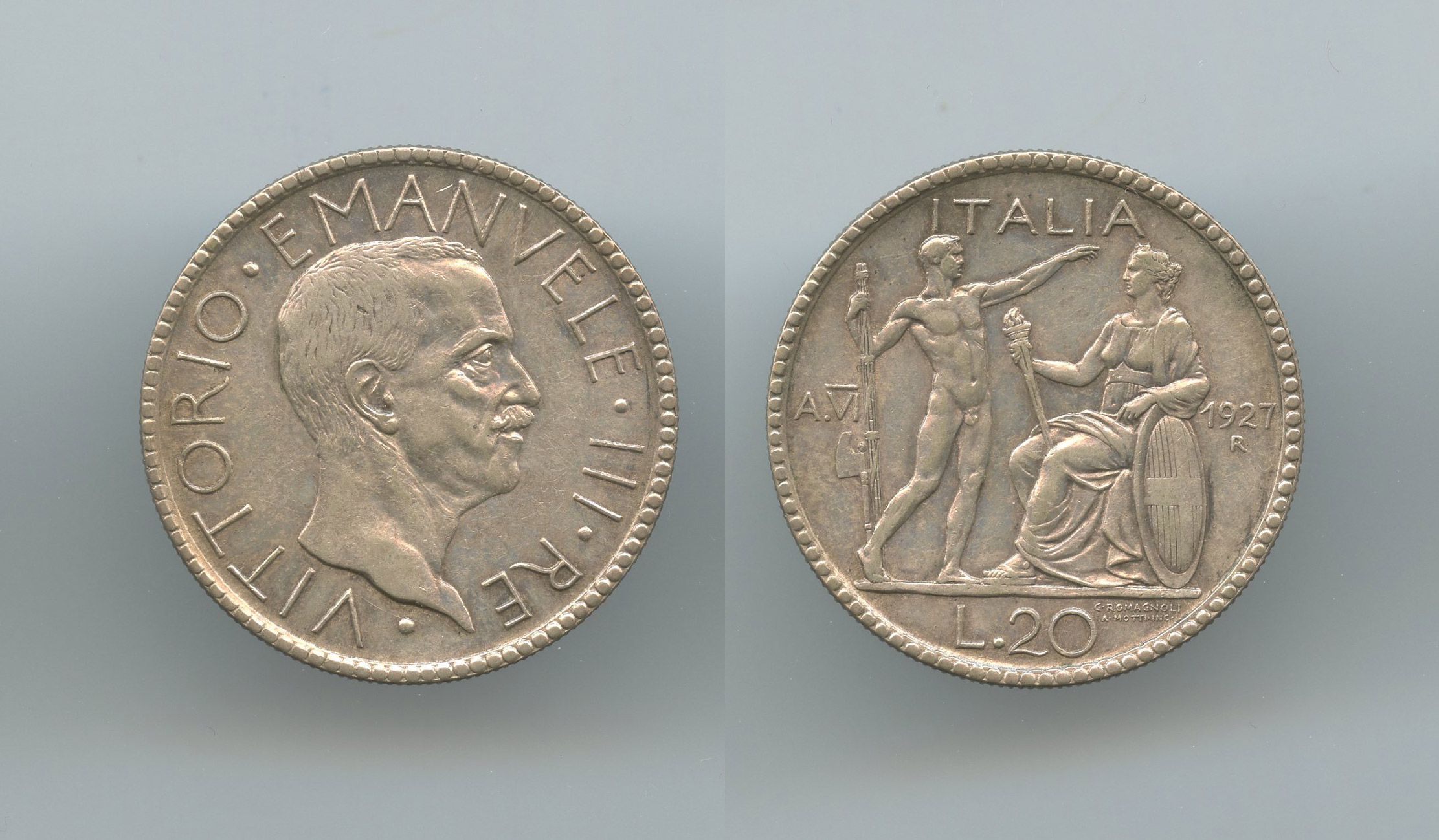 REGNO D' ITALIA, Vittorio Emanuele III (1900-1943) 20 Lire 1927 A. VI Littore - Clicca l'immagine per chiudere