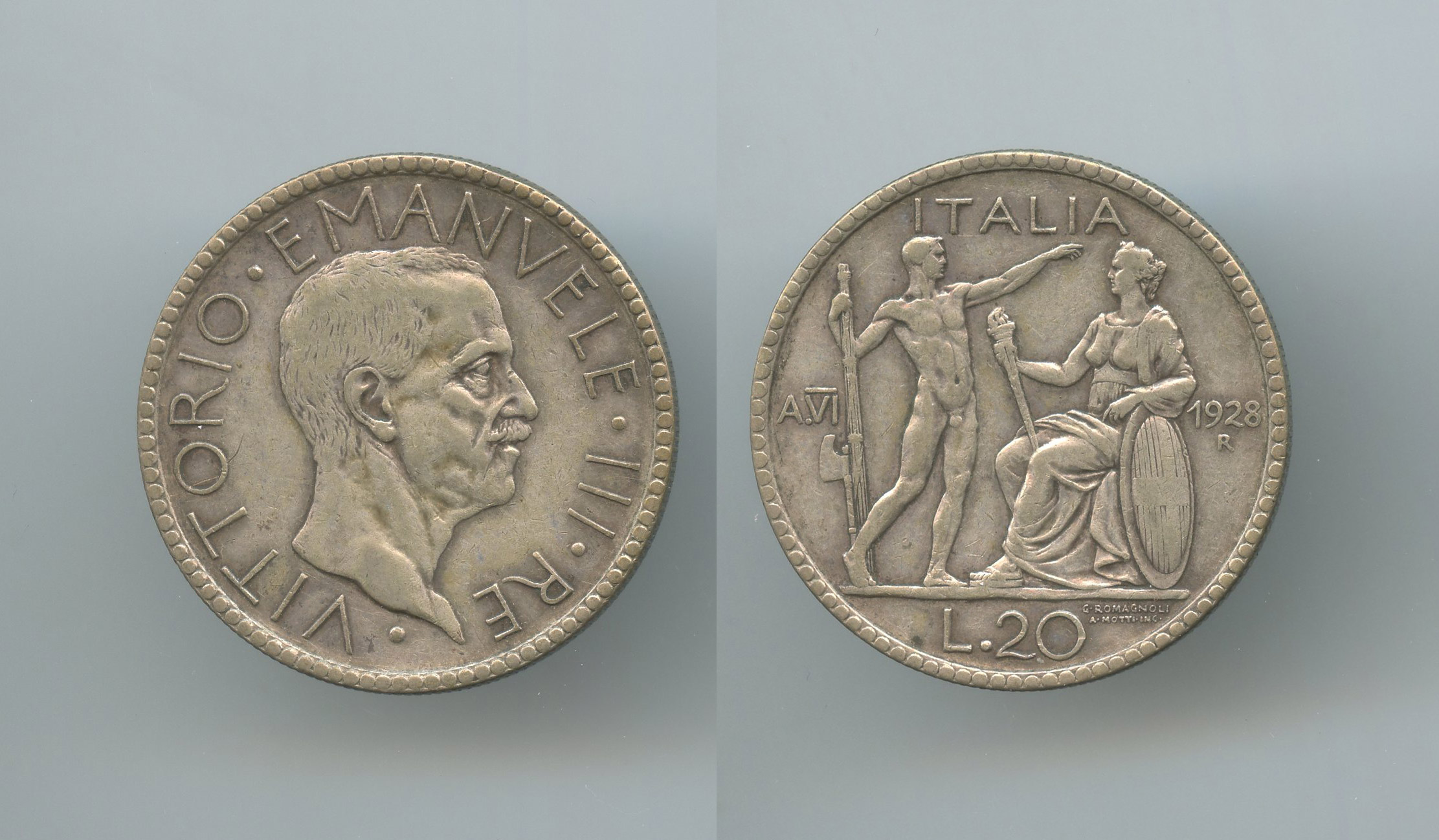 REGNO D' ITALIA, Vittorio Emanuele III (1900-1943) 20 Lire 1928 A. VI Littore - Clicca l'immagine per chiudere