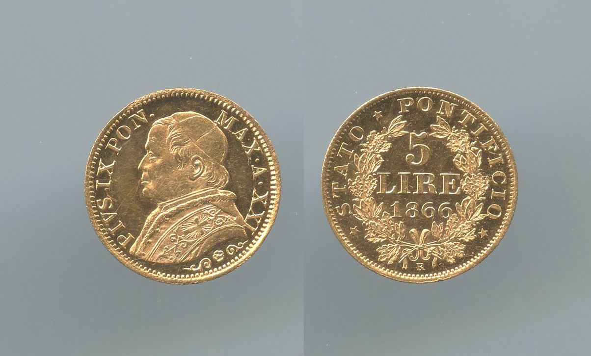 STATO PONTIFICIO, Pio IX (1846-1878) 5 Lire 1866 A. XXI