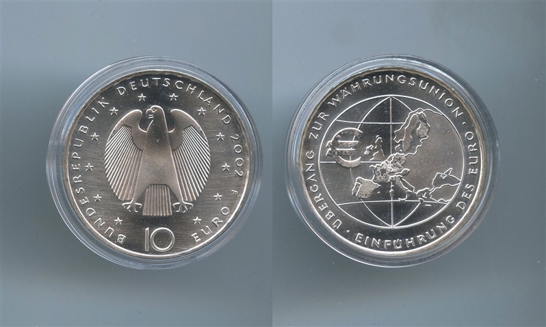 GERMANIA, 10 Euro 2002 F, "Introduzione dell' Euro"