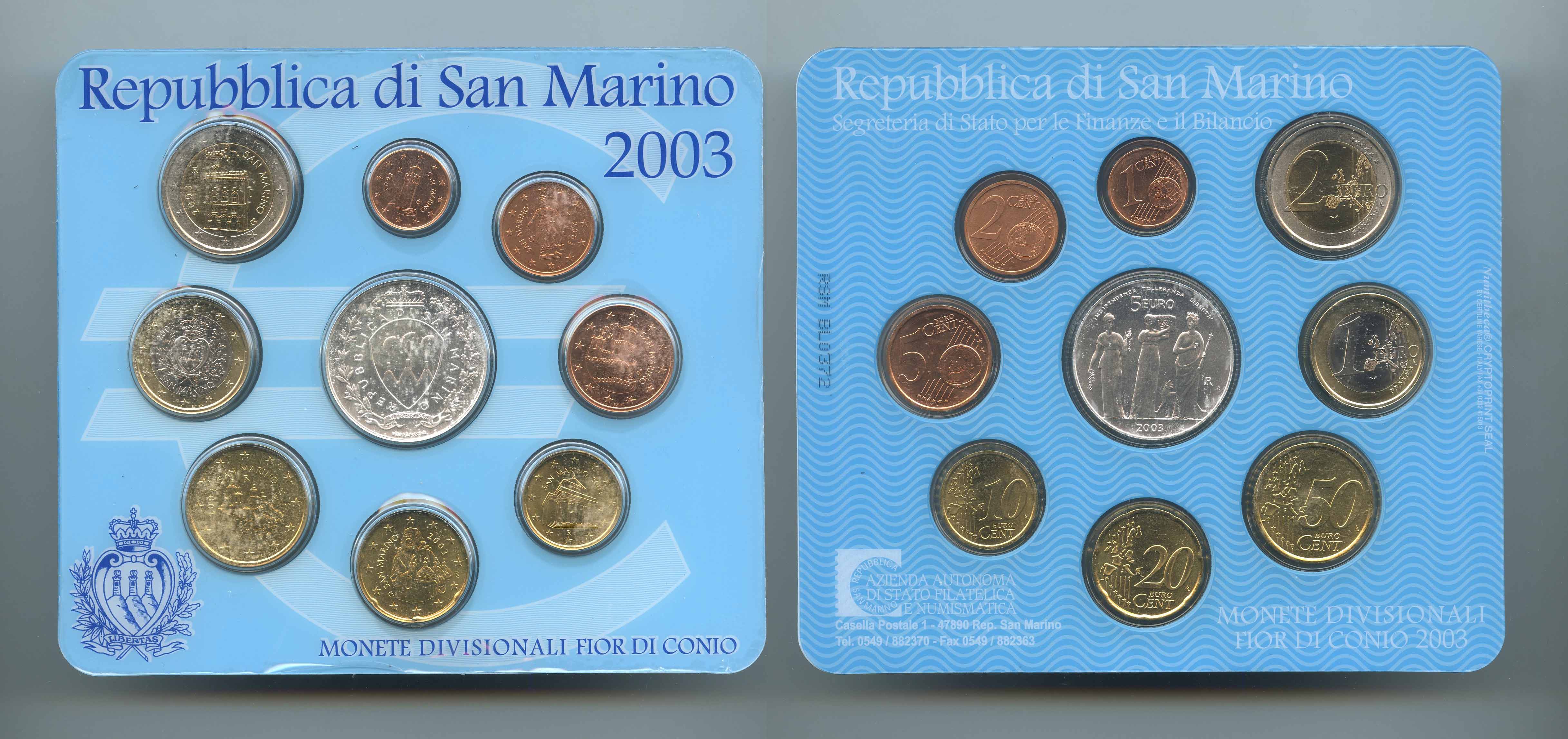 SAN MARINO, Serie Divisionale 2003 (9 valori incluso 5 ? "Indipendenza, Tolleranza, Libert")