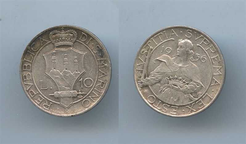 SAN MARINO, Vecchia Monetazione (1864-1938) 10 Lire 1936