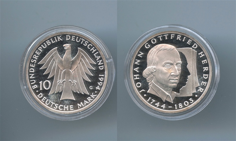 GERMANIA, 10 Mark 1994 G, "250 nascita Johann Gottfried Herder"