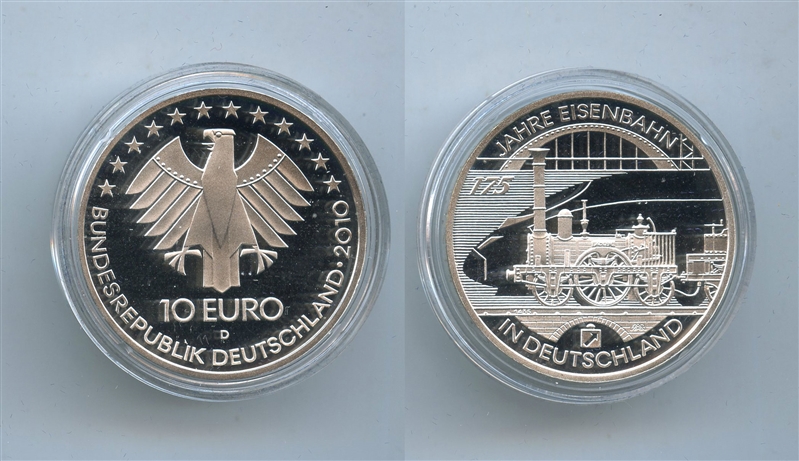 GERMANIA, 10 Euro 2010 D, "175 anniversario delle ferrovie tedesche"