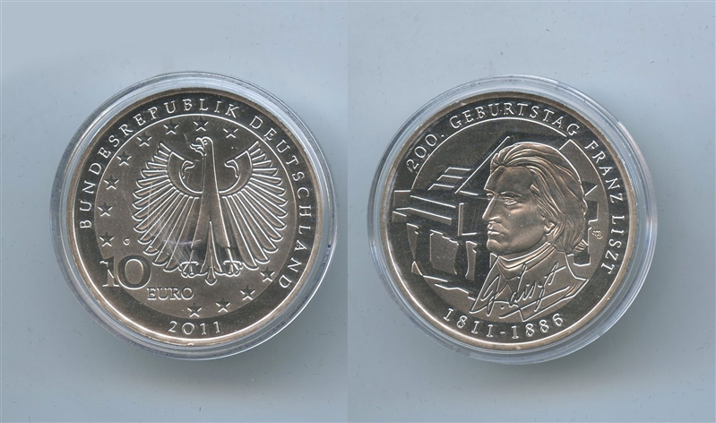 GERMANIA, 10 Euro 2011 G, "200 nascita di Franz Listz"