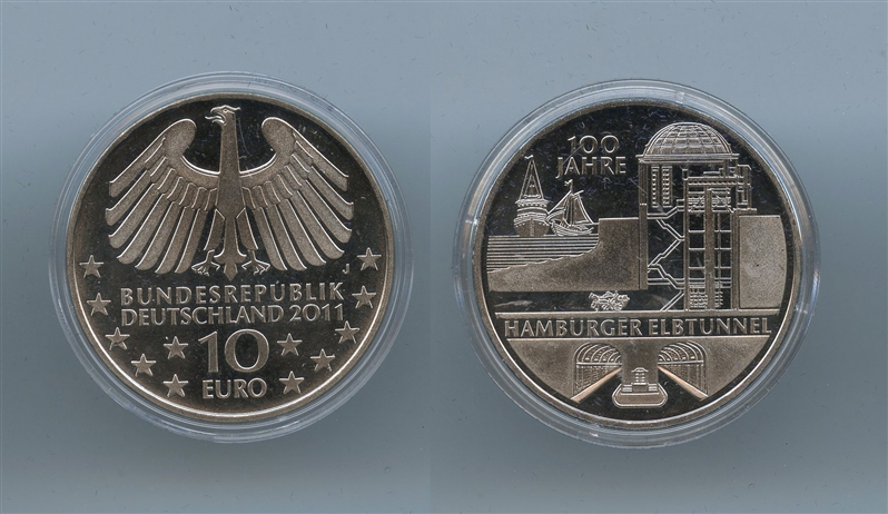 GERMANIA, 10 Euro 2011 J, "100  Elbe Tunnel - Amburgo"