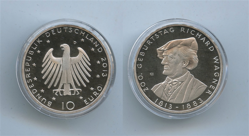 GERMANIA, 10 Euro 2013 D, "200 nascita di Richard Wagner"