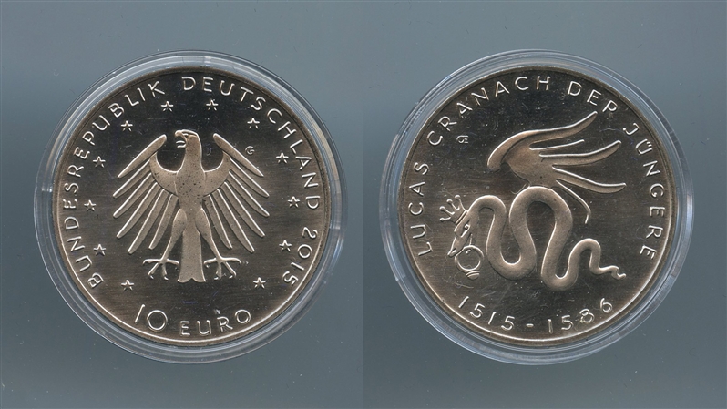 GERMANIA, 10 Euro 2015 G, "500 nascita di Lucas Cranach il Giovane"