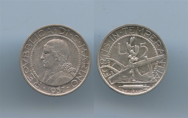 SAN MARINO, 5 Lire 1937