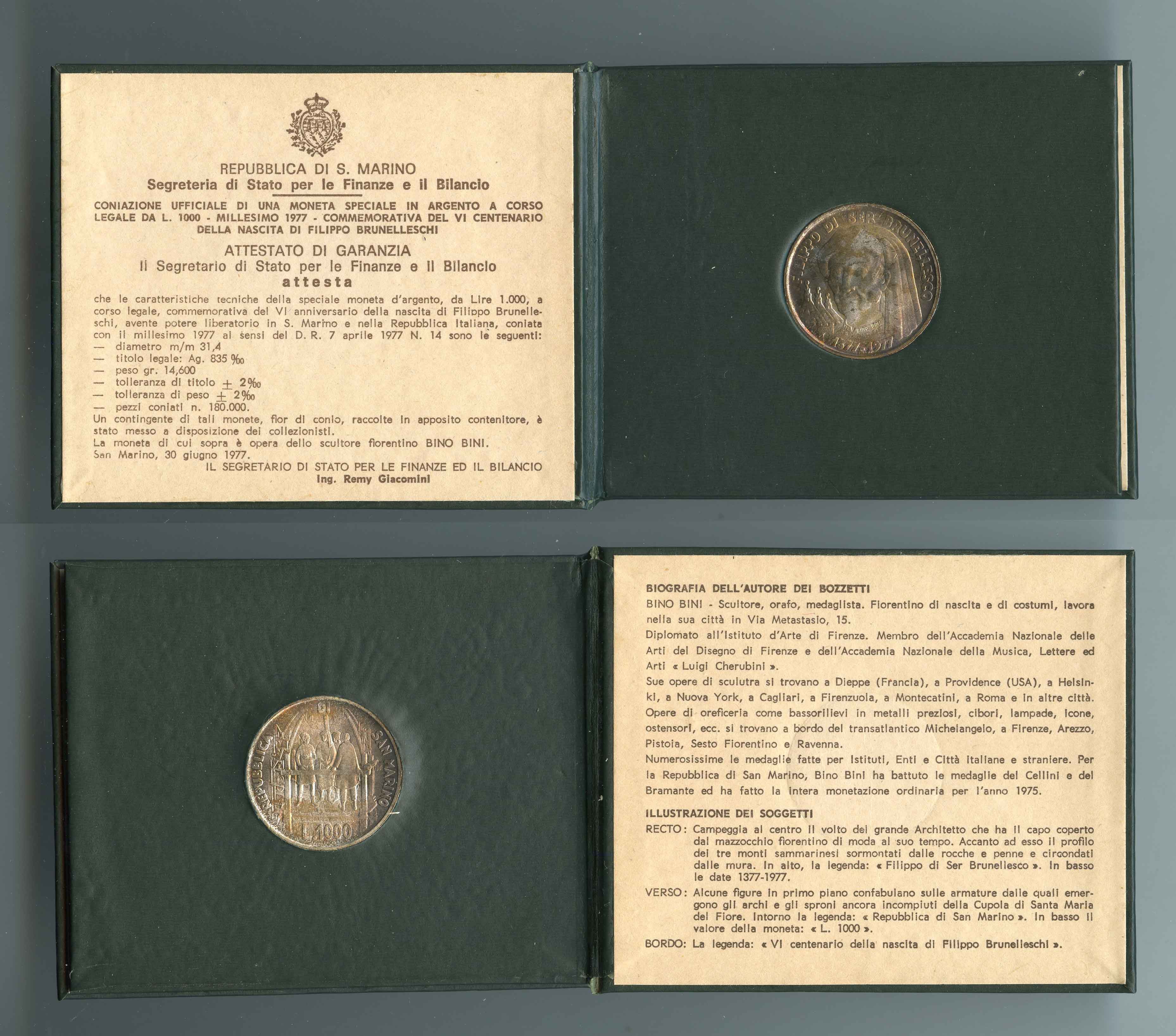 SAN MARINO, 1000 Lire 1977 "Brunelleschi"